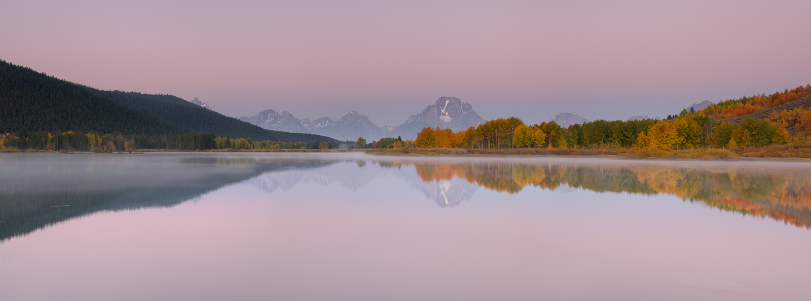 Panoramic, landscape, fall colours, autumn, snake river, oxbow bend, sunrise, Grand Teton, Wyoming, panoramique, paysage, automne...